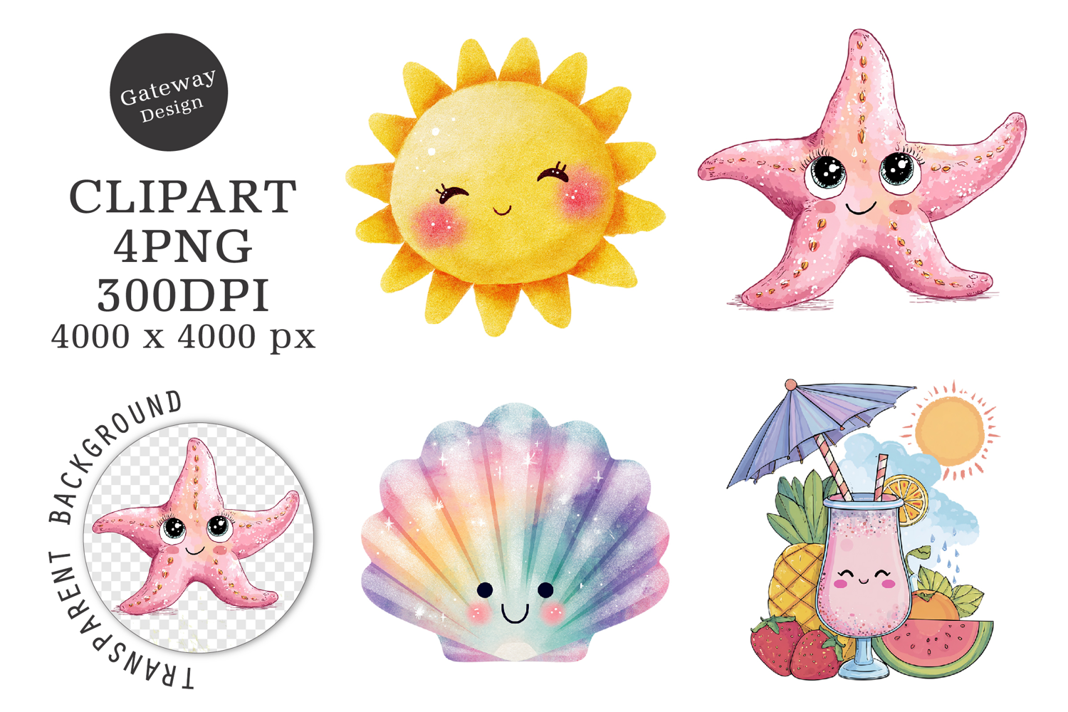 Watercolor Kawaii Little Summer Clipart product image 1