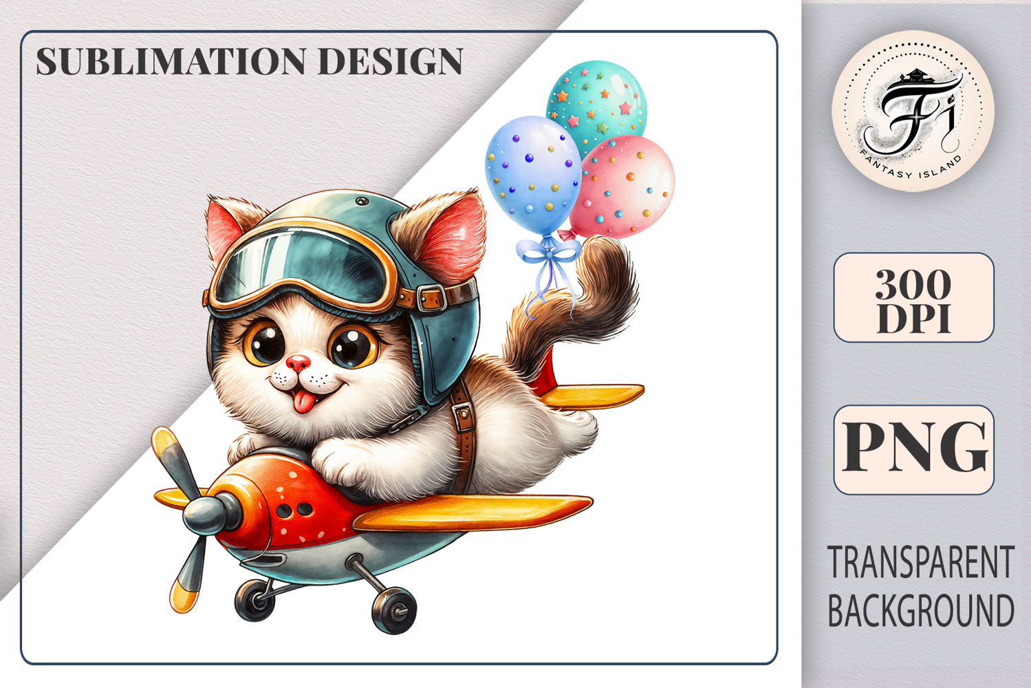 Happy watercolor kitten flying a small airplane with decorations – great for festive stickers, T-shirts, and wall art.