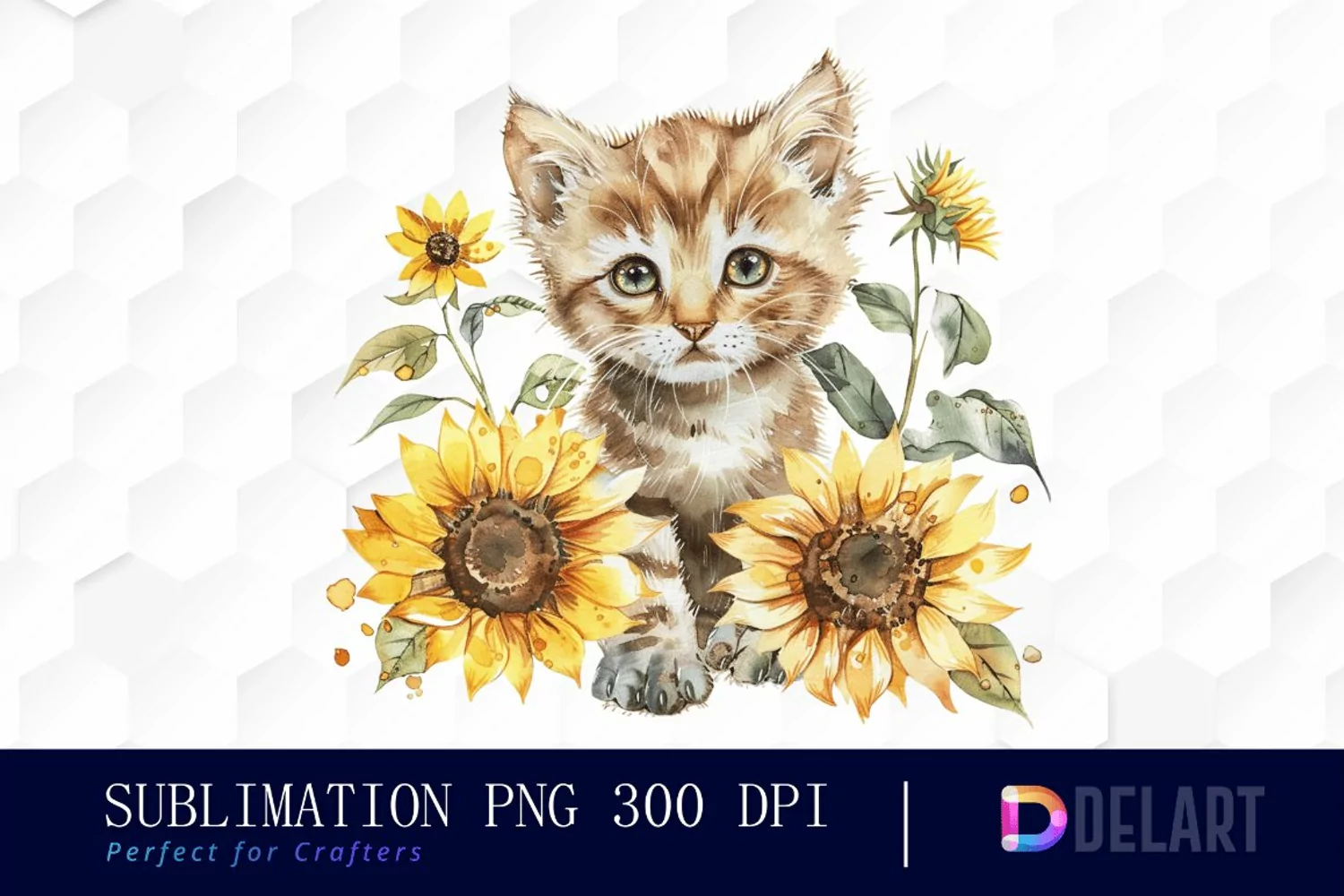 Kitten Sunflower Watercolor Clipart product image 1