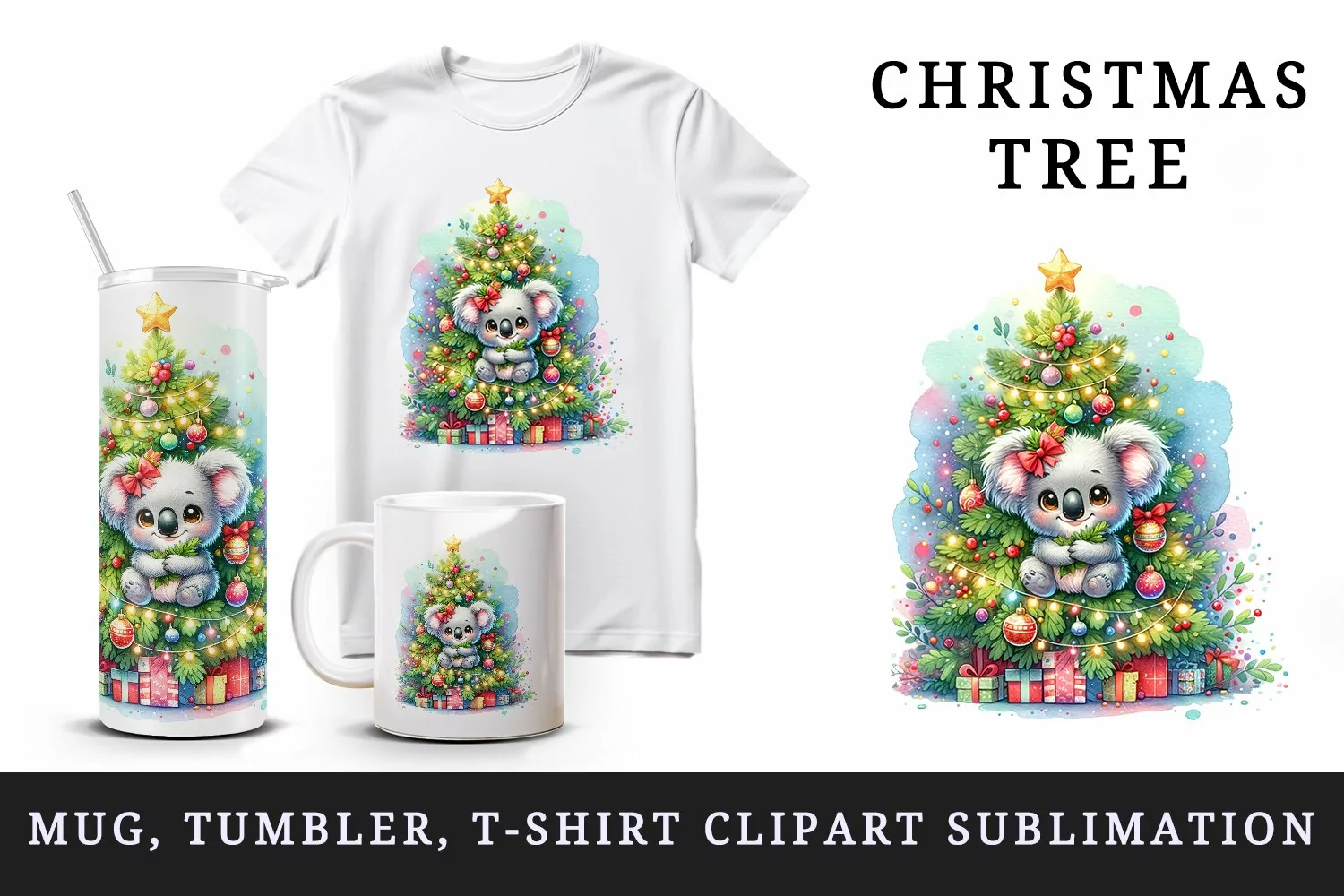 Watercolor koala Christmas tree baubles sparkling star gifts print 20 oz tumbler skinny mug wrap clipart t-shirt sublimation printable design