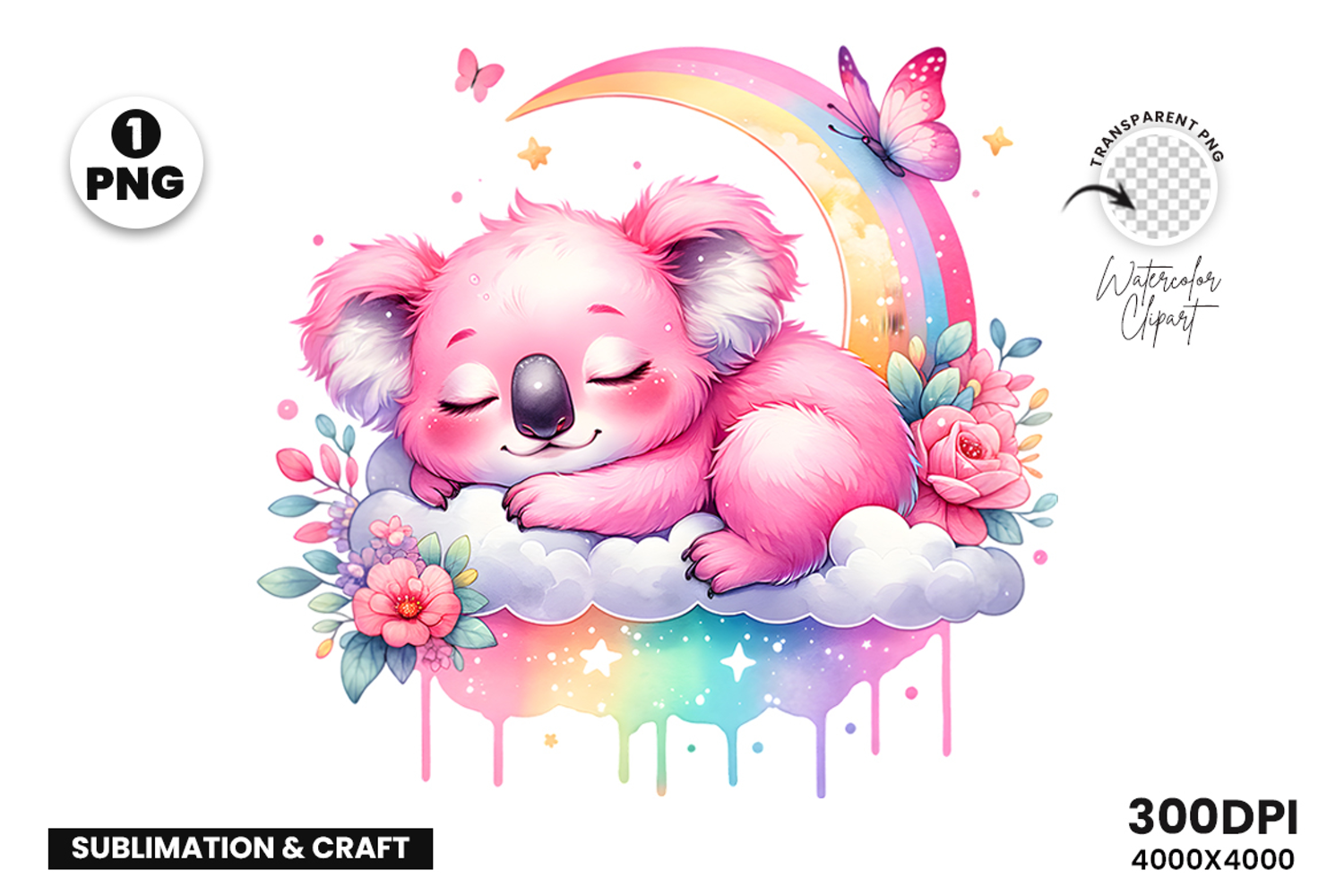watercolor koala rainbow png, koala cloud clipart, cute koala sublimation design, nursery koala watercolor, baby koala png, pastel koala clipart, dreamy koala printable art, watercolor koala illustration, rainbow koala png, koala digital download