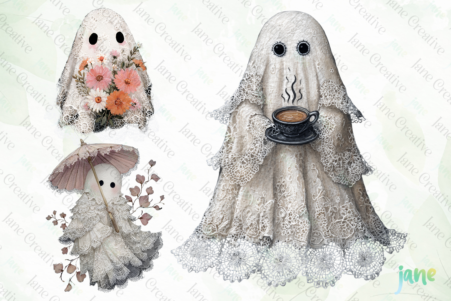Watercolor Lace Ghost Halloween PNG product image 1