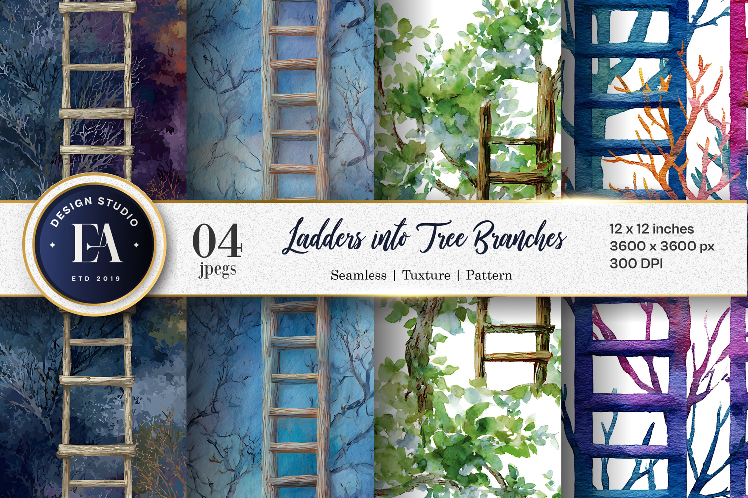Watercolor Ladders into Tree Branches Surreal Digital Paper product image 1