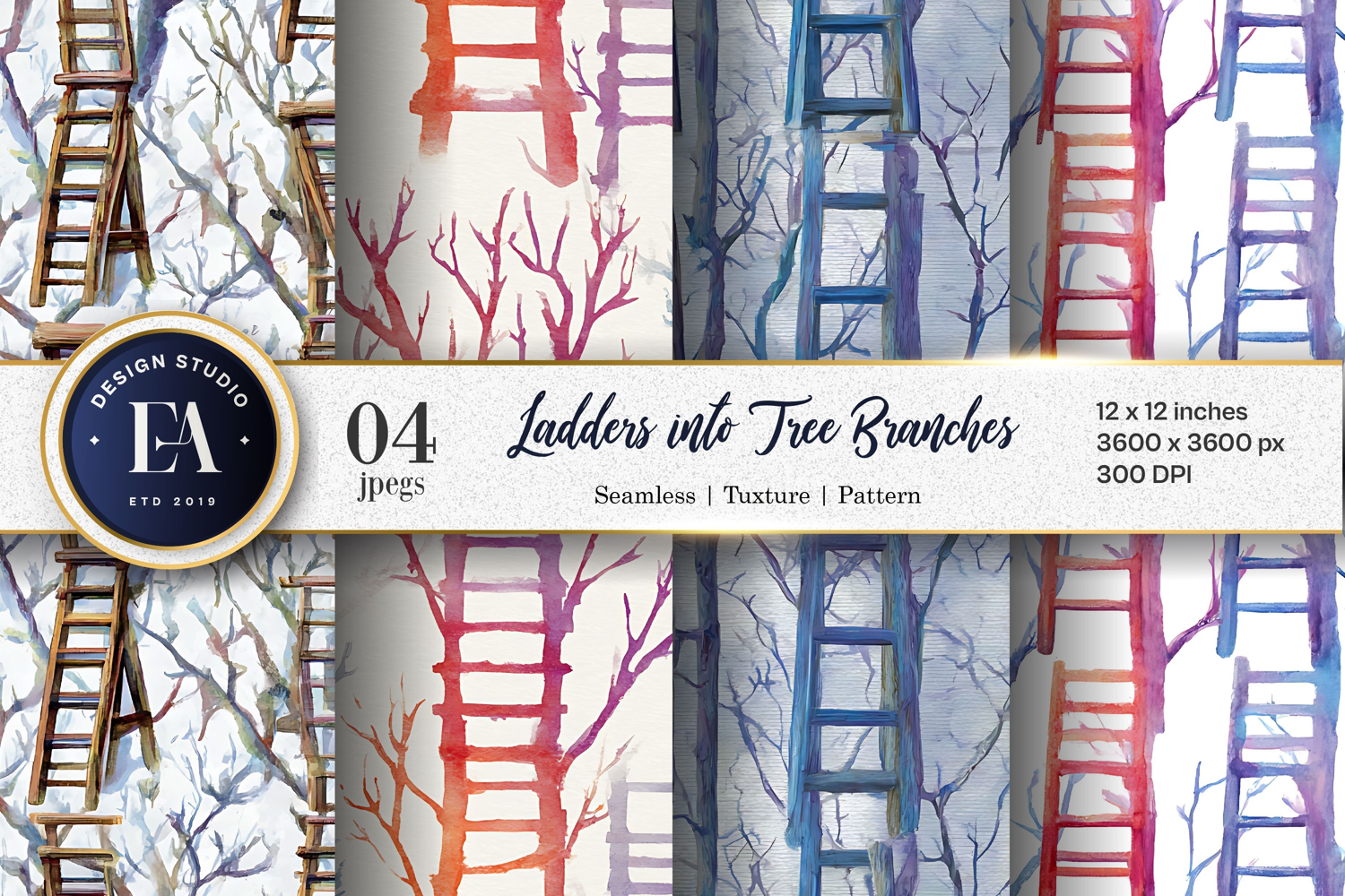 Watercolor Ladders into Tree Branches Surreal Digital Paper product image 1