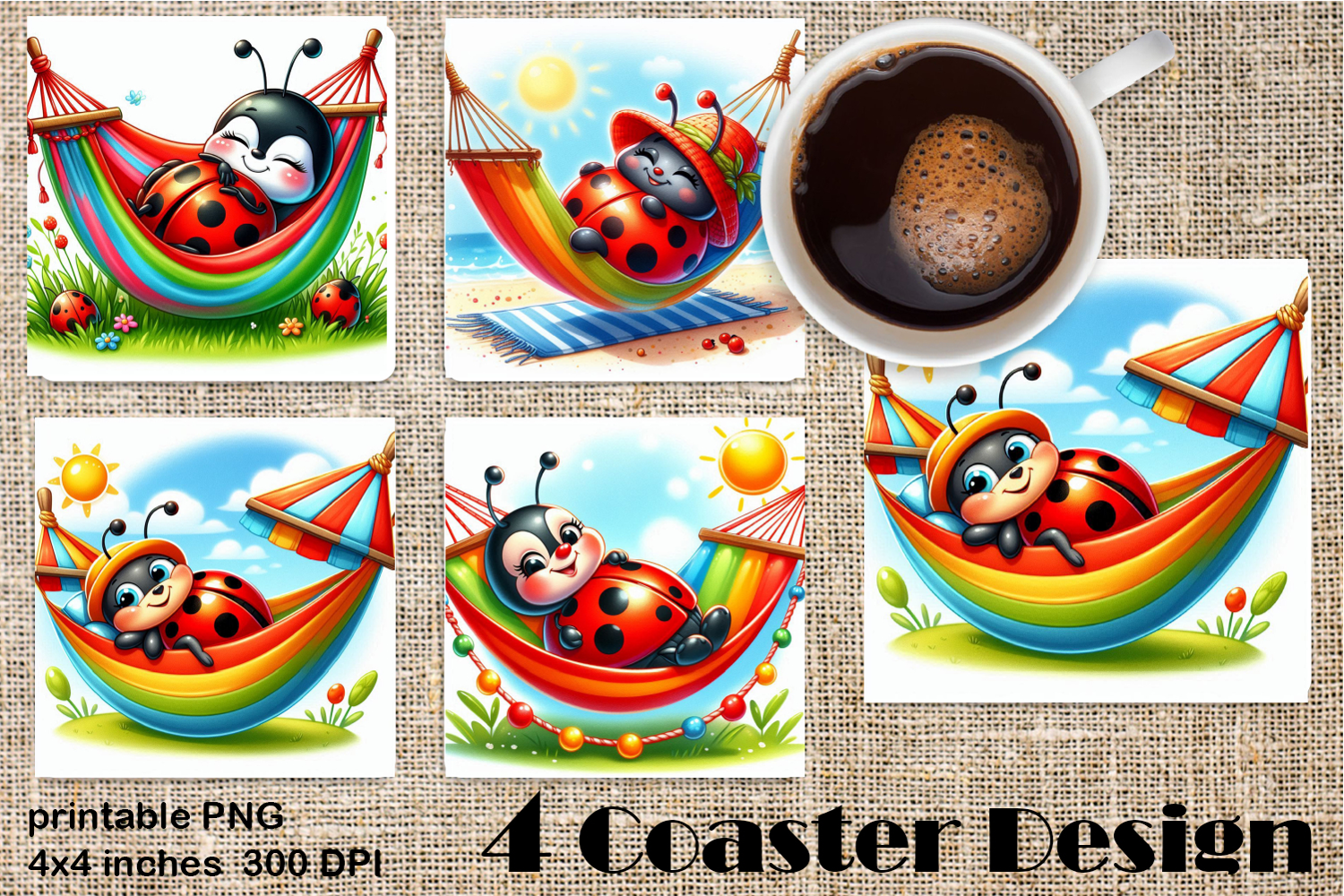 Watercolor Lady Bug Square Coaster PNG. Coaster Sublimation product image 1