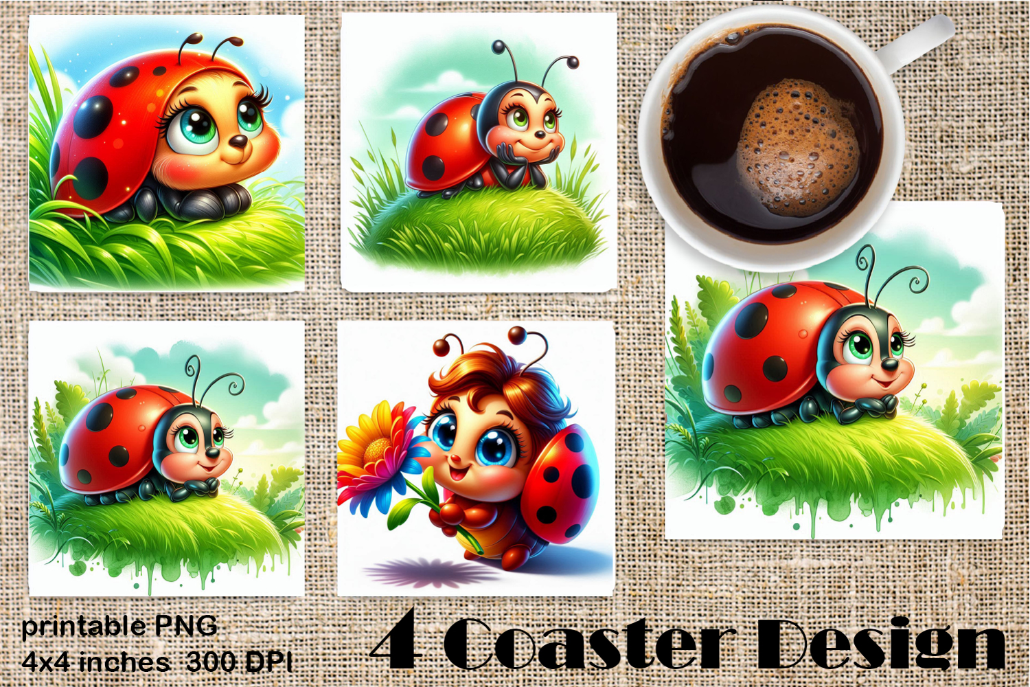 Watercolor Lady Bug Square Coaster PNG. Coaster Sublimation product image 1