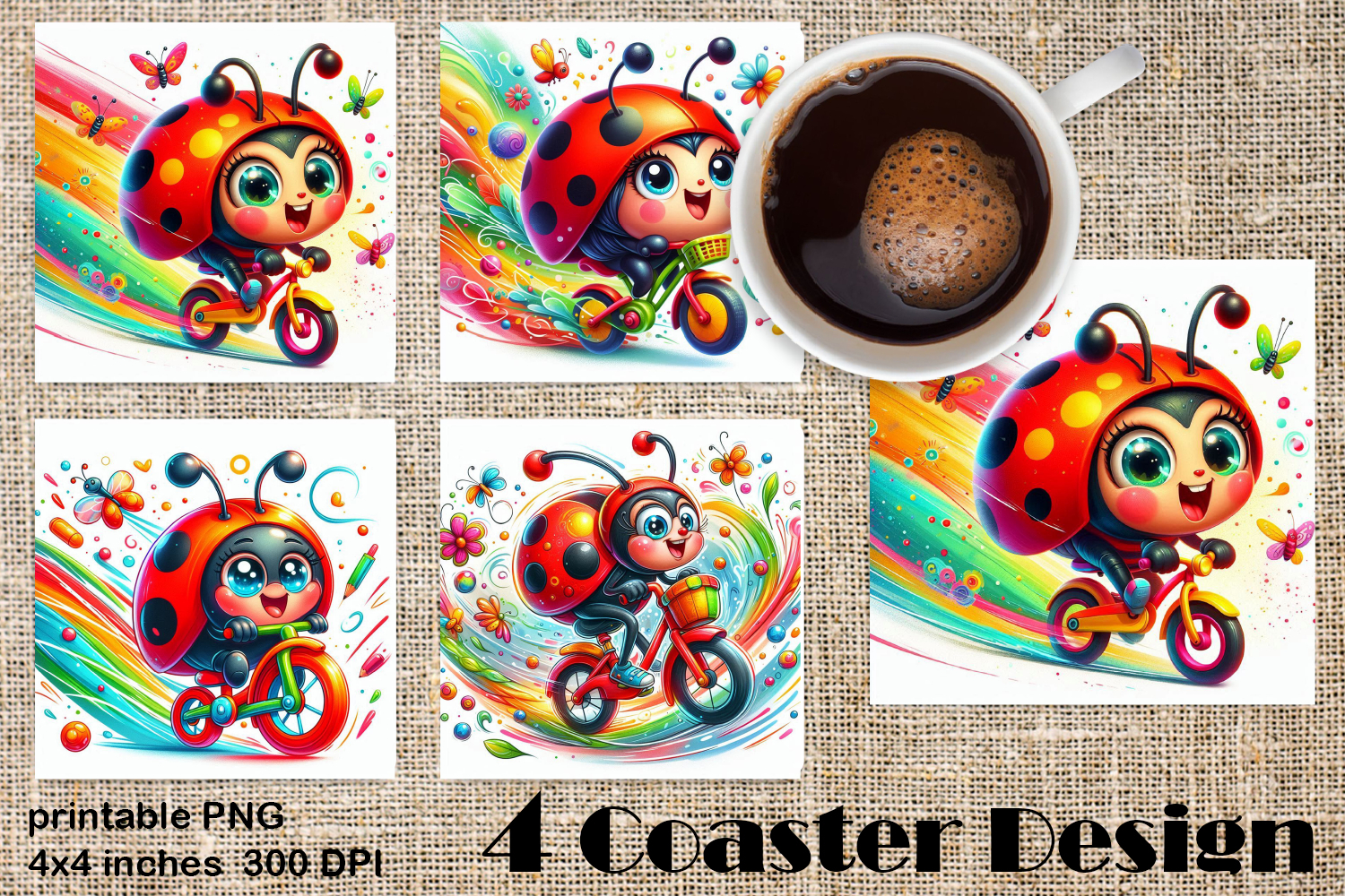Watercolor Lady Bug Square Coaster PNG. Coaster Sublimation product image 1