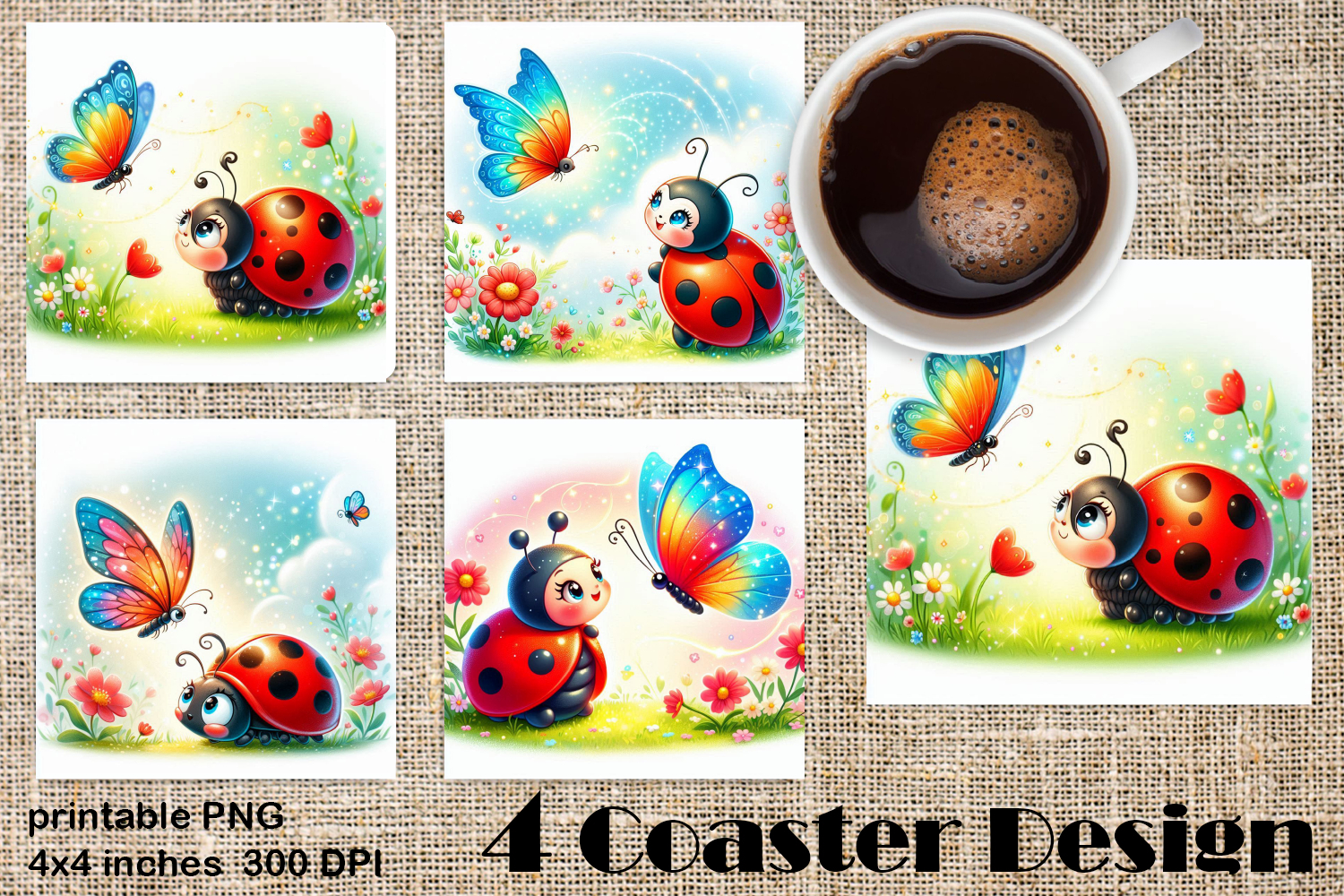 Watercolor Lady Bug Square Coaster PNG. Coaster Sublimation product image 1