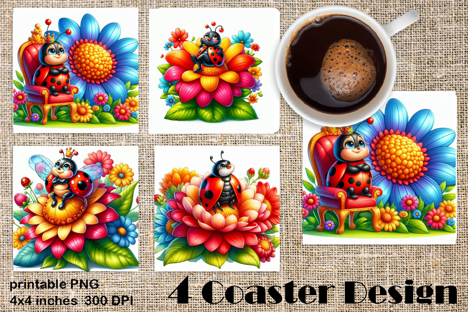 Watercolor Lady Bug Square Coaster PNG. Coaster Sublimation product image 1