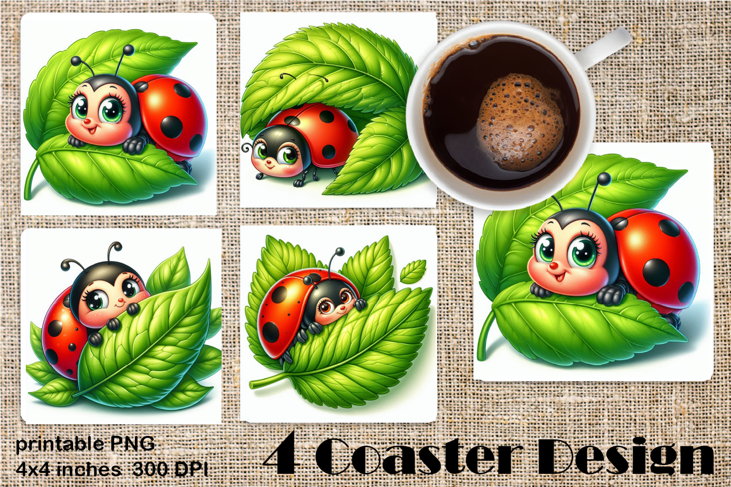Watercolor Lady Bug Square Coaster PNG. Coaster Sublimation product image 1