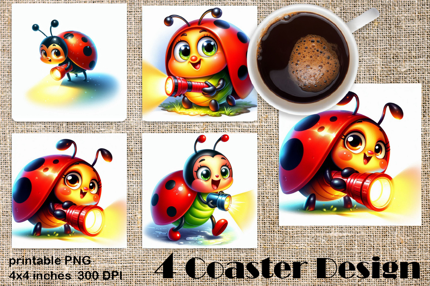 Watercolor Lady Bug Square Coaster PNG. Coaster Sublimation product image 1