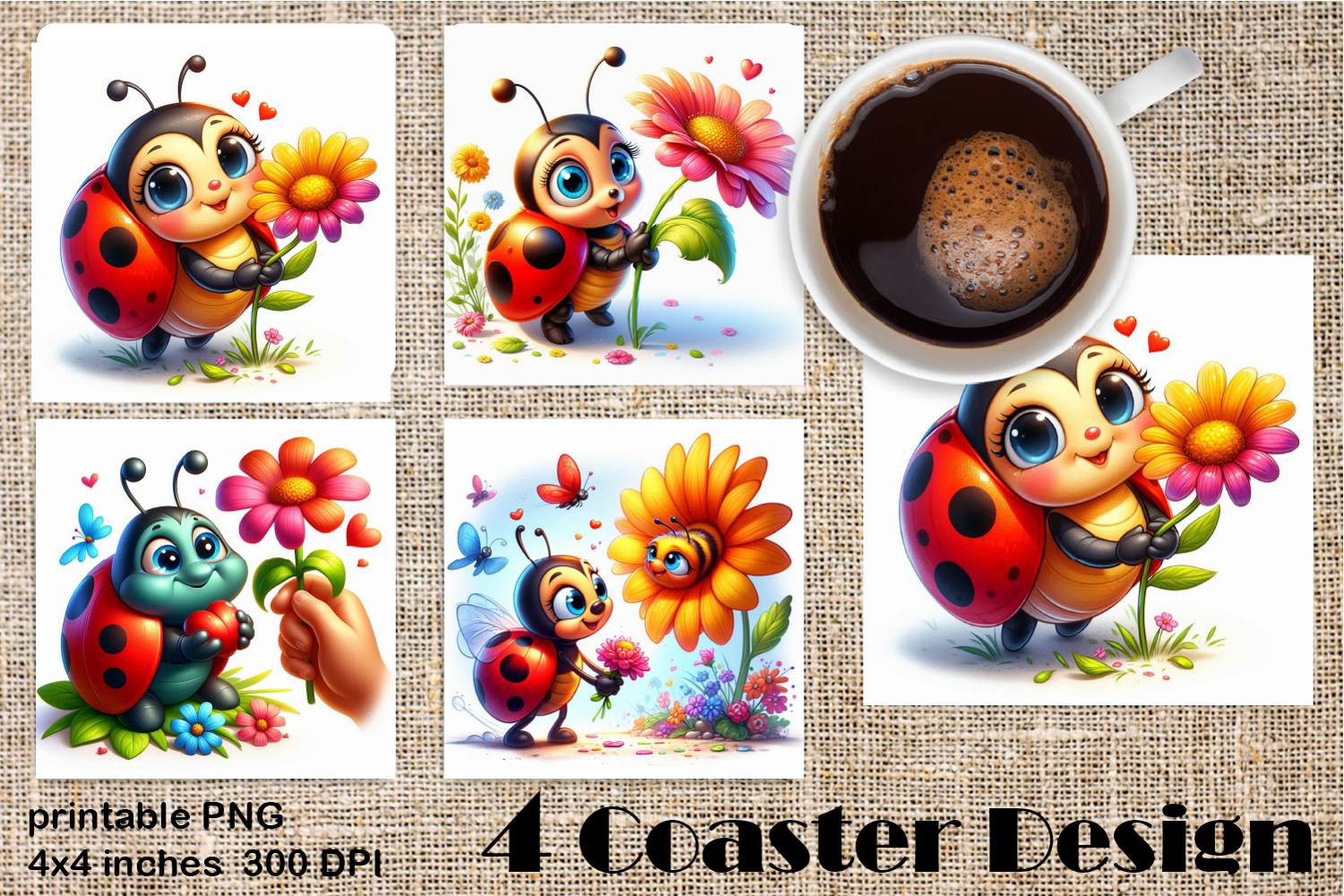 Watercolor Lady Bug Square Coaster PNG. Coaster Sublimation product image 1