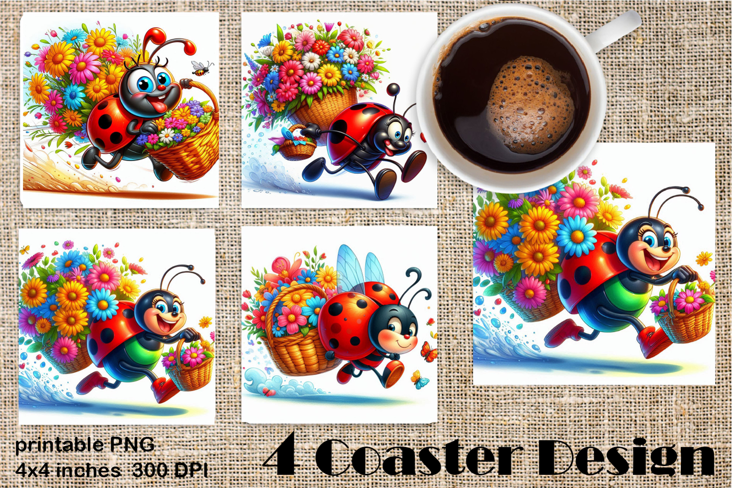 Watercolor Lady Bug Square Coaster PNG. Coaster Sublimation product image 1