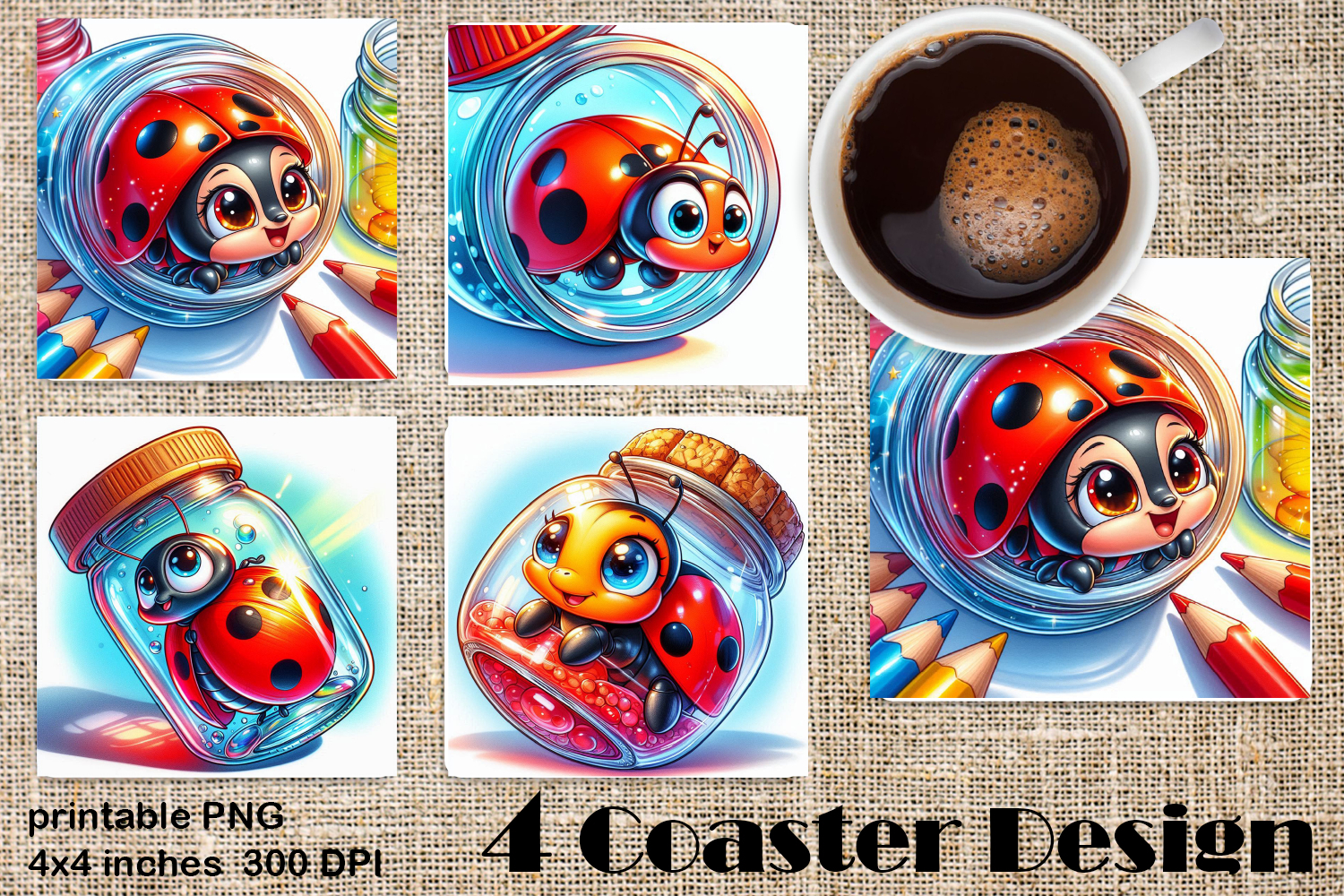 Watercolor Lady Bug Square Coaster PNG. Coaster Sublimation product image 1