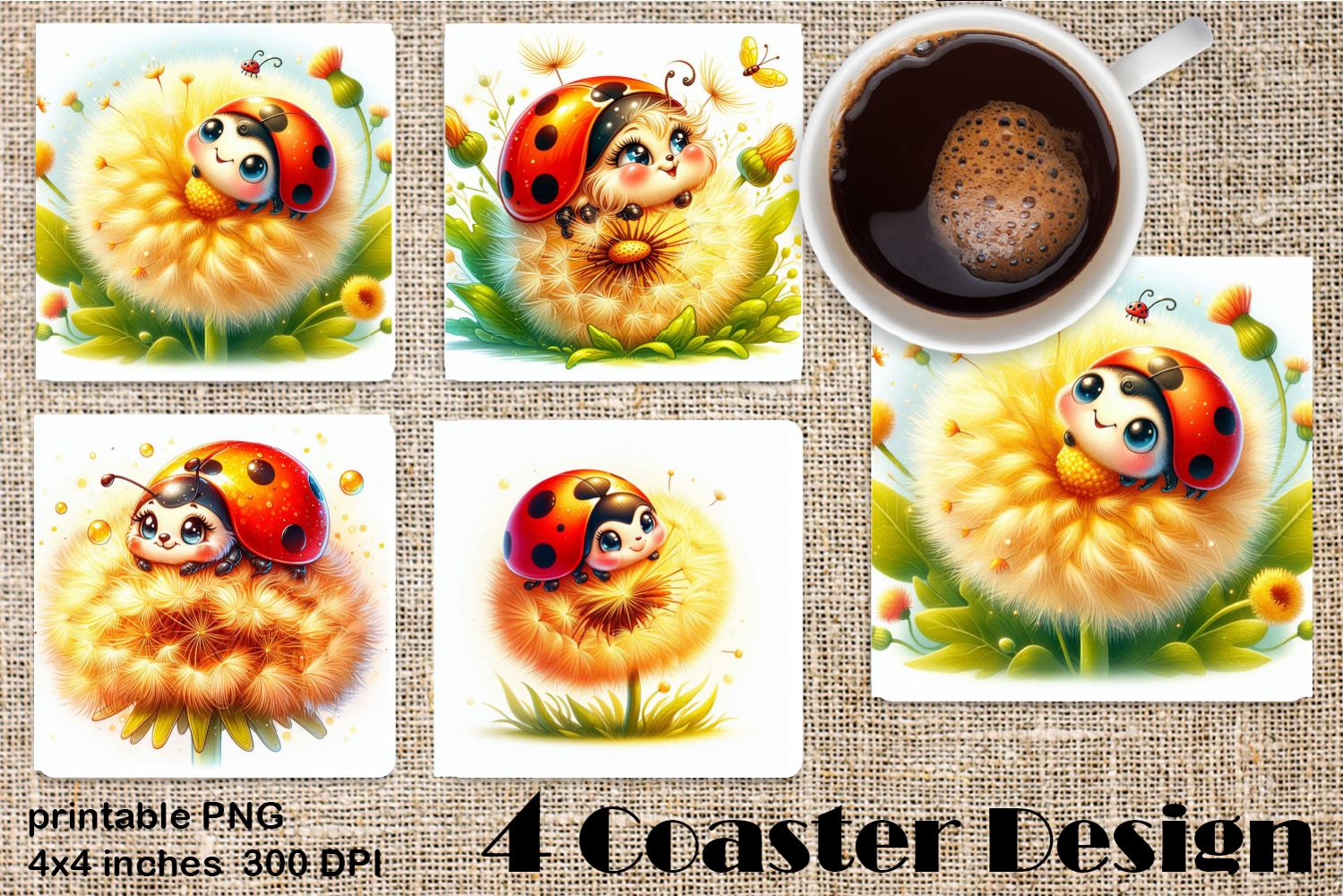 Watercolor Lady Bug Square Coaster PNG. Coaster Sublimation product image 1