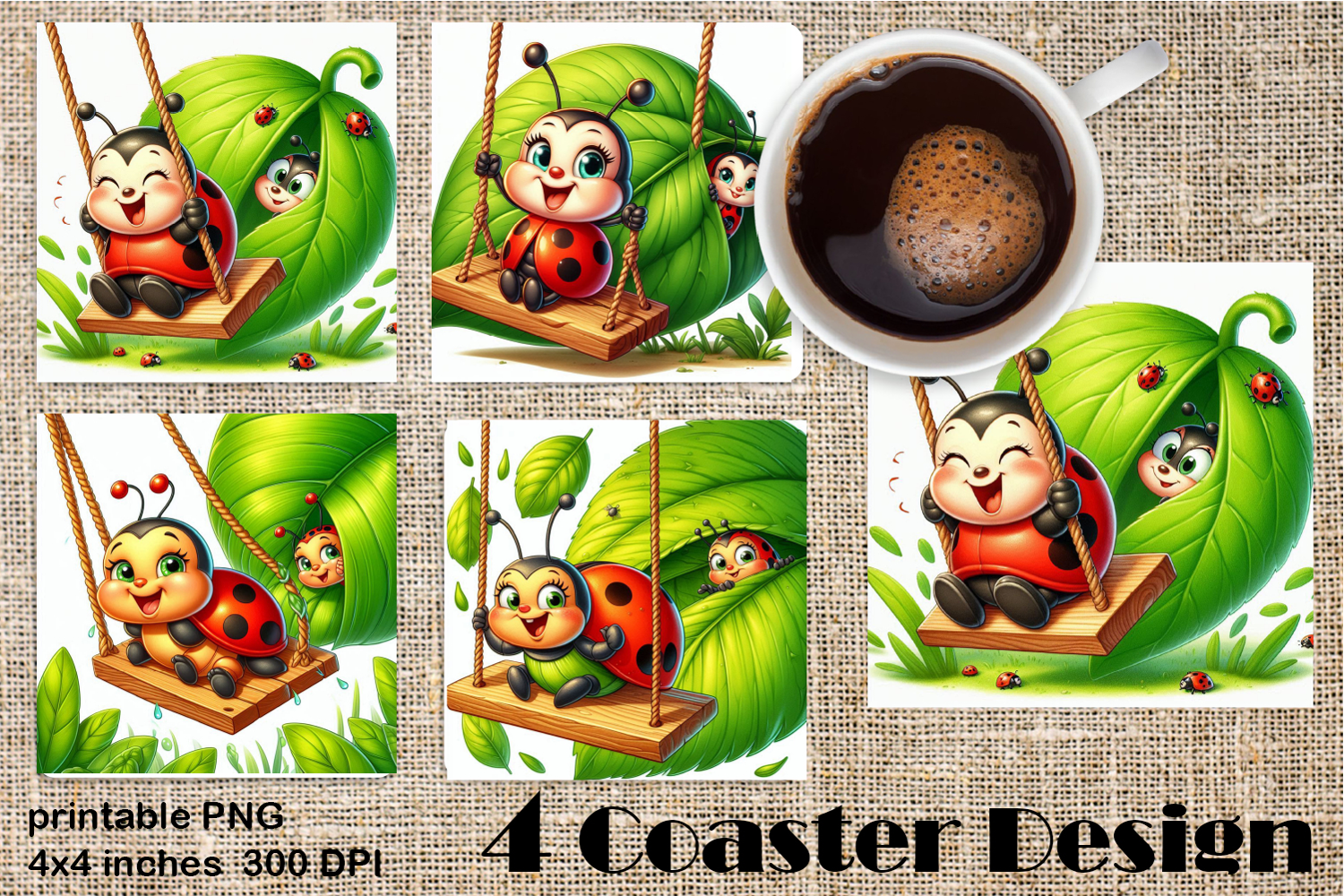 Watercolor Lady Bug Square Coaster PNG. Coaster Sublimation product image 1