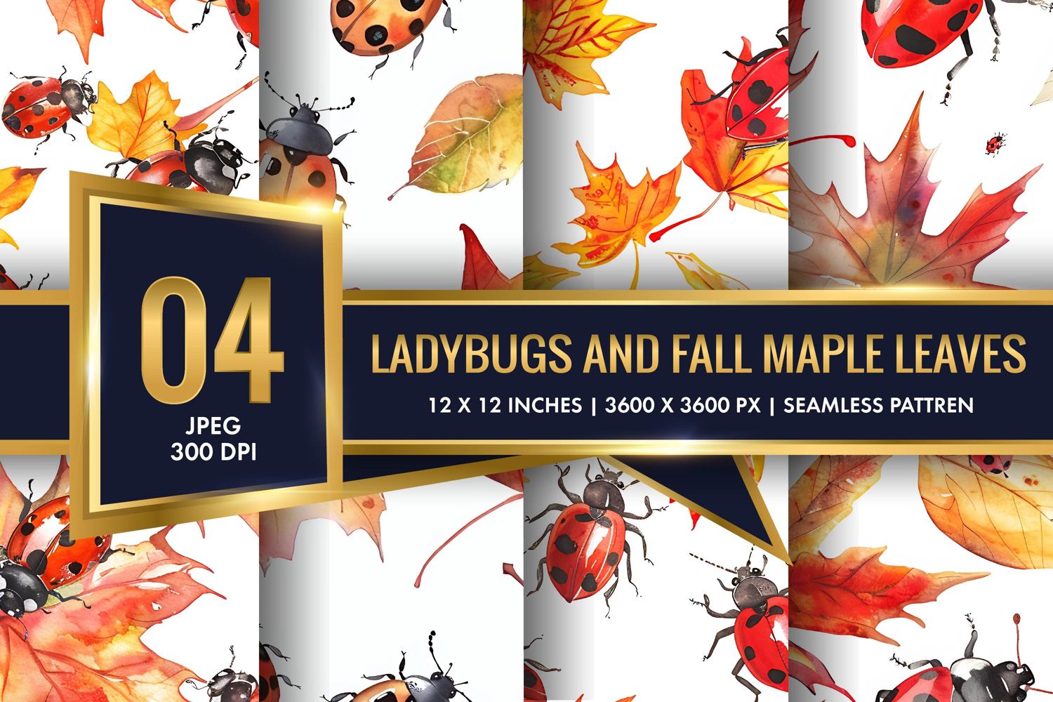 Watercolor Ladybugs and Fall Maple Leaves Digital Paper product image 1
