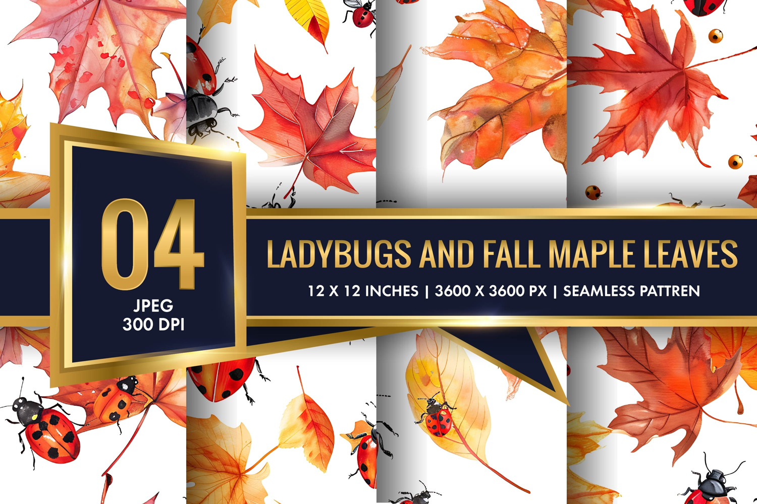 Watercolor Ladybugs and Fall Maple Leaves Digital Paper product image 1