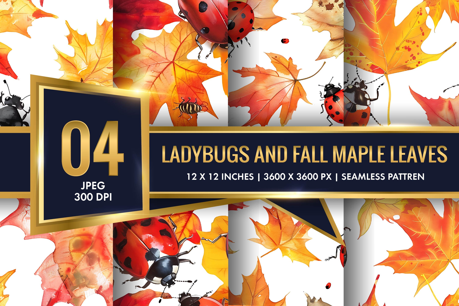 Watercolor Ladybugs and Fall Maple Leaves Digital Paper product image 1