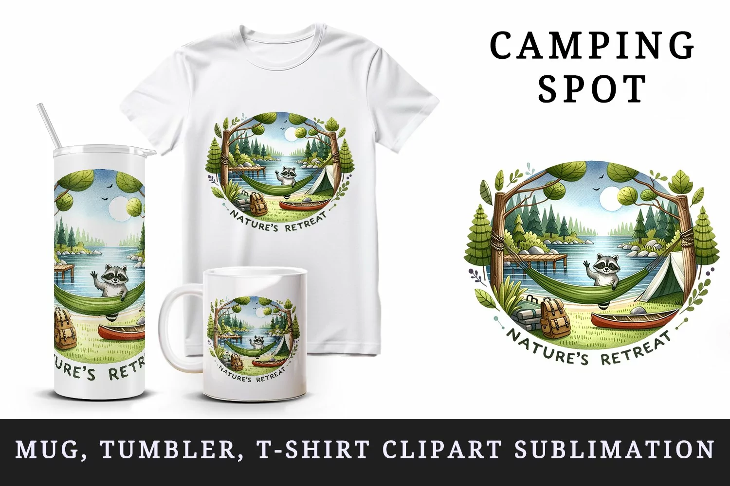 Watercolor lakeside camping hammock tent canoe Nature Retreat quote print 20 oz tumbler skinny mug wrap clipart t-shirt sublimation printable design