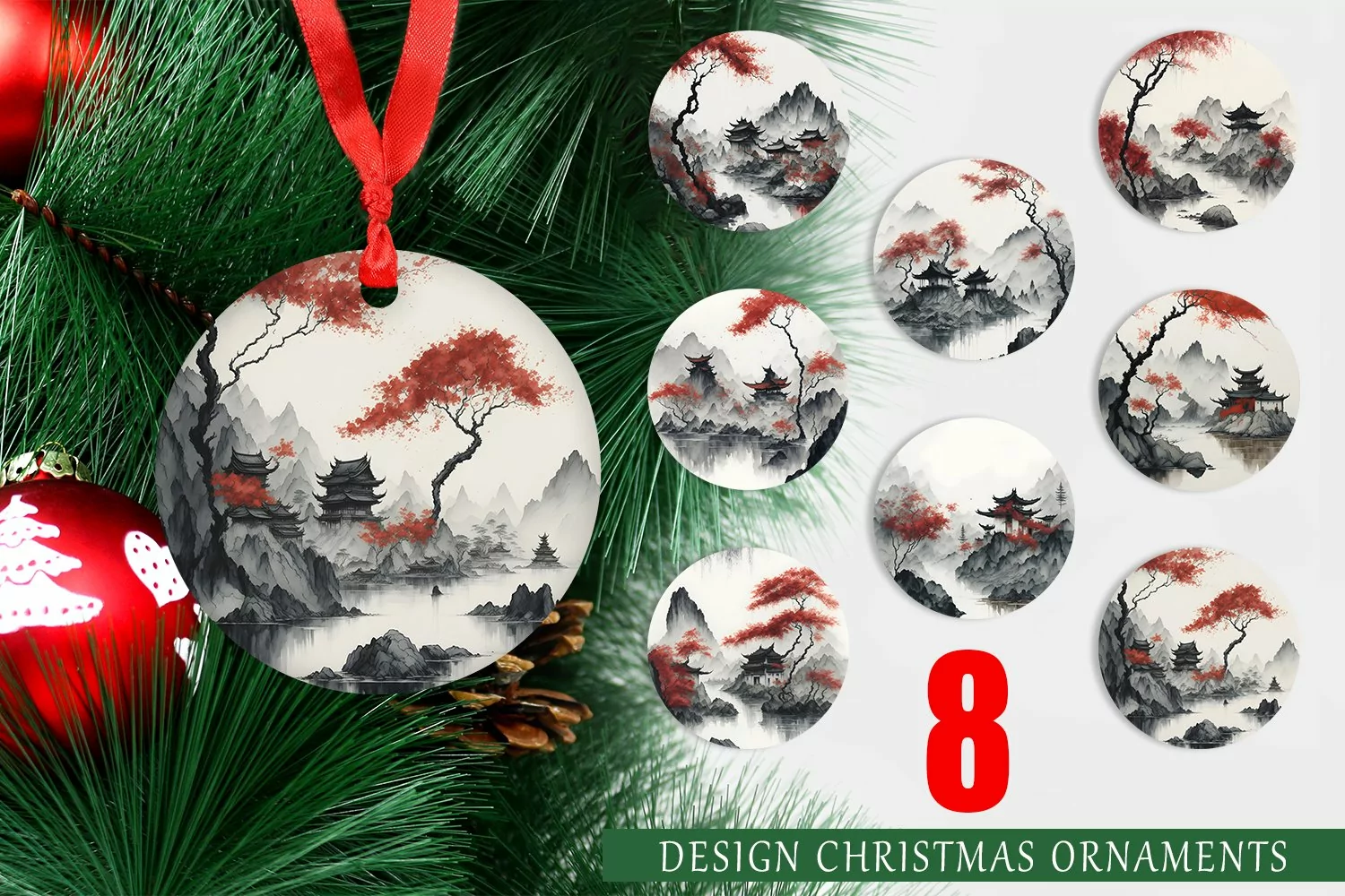Christmas Ornaments Watercolor Landscape Temple product image 1