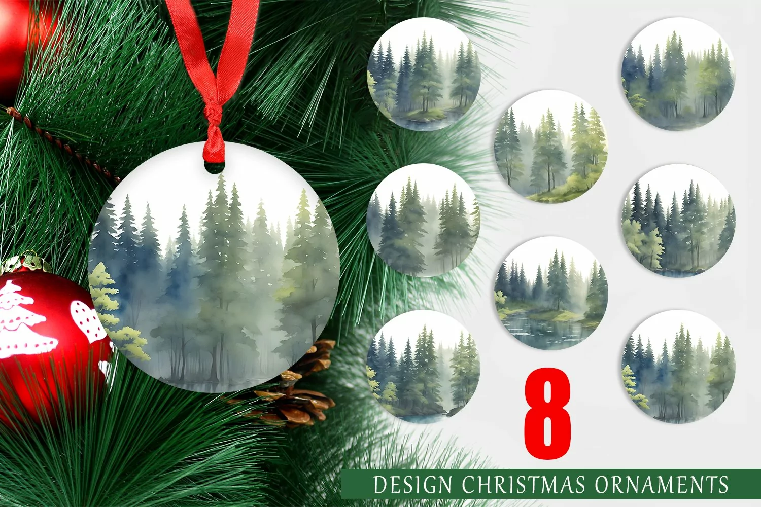 Christmas Ornaments Watercolor Landscape Trees product image 1