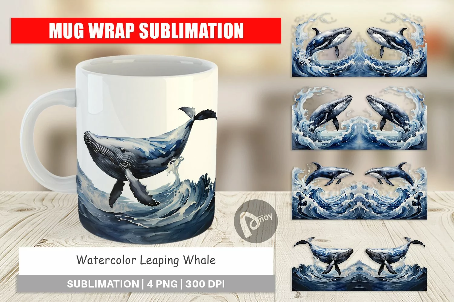 Mug Wrap Design Watercolor Leaping Whale product image 1