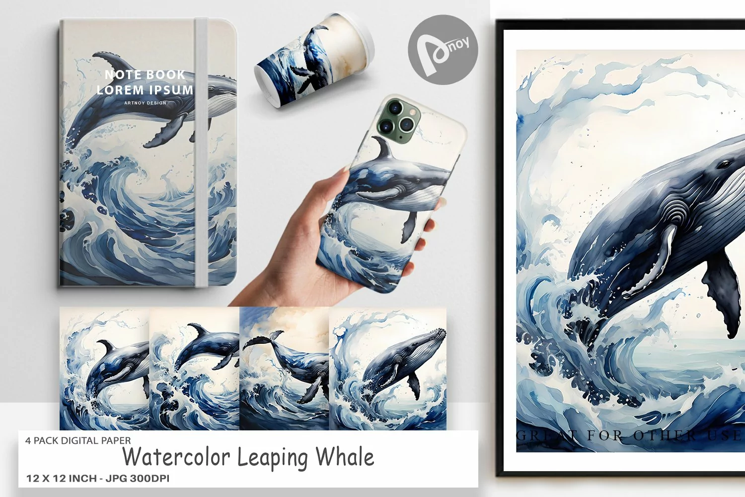 Digital Paper Watercolor Leaping Whale product image 1