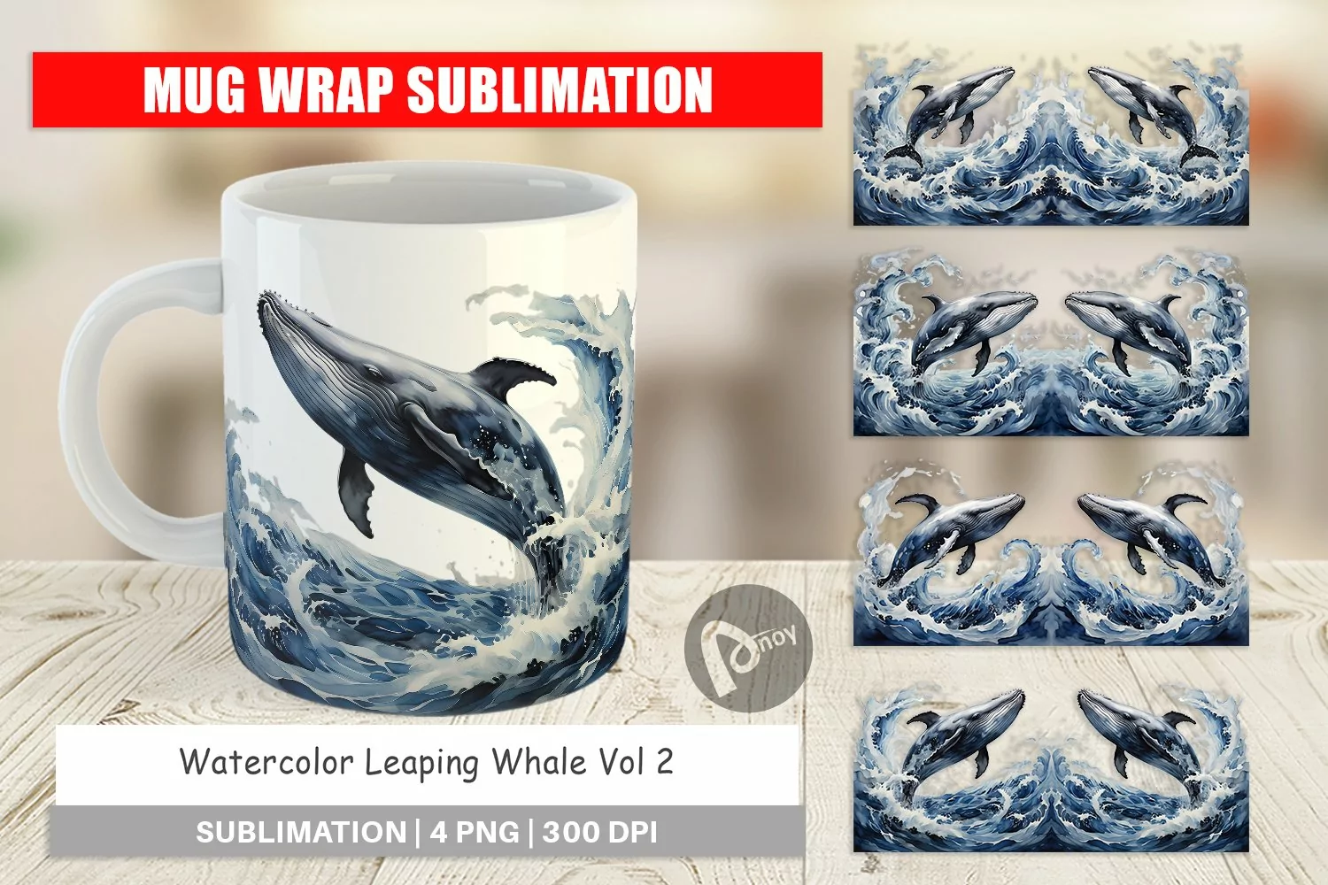 Mug Wrap Design Watercolor Leaping Whale product image 1