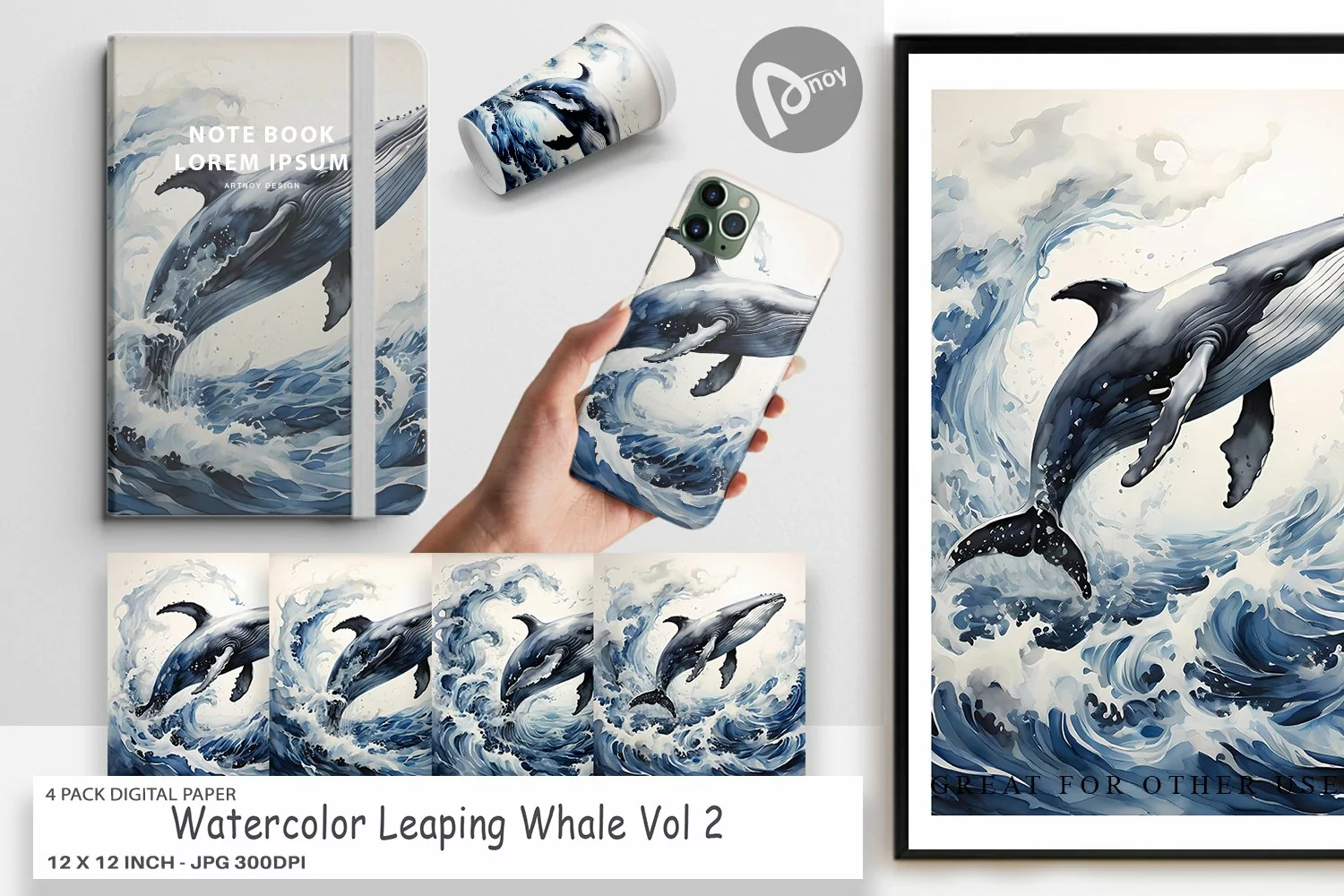 Digital Paper Watercolor Leaping Whale product image 1