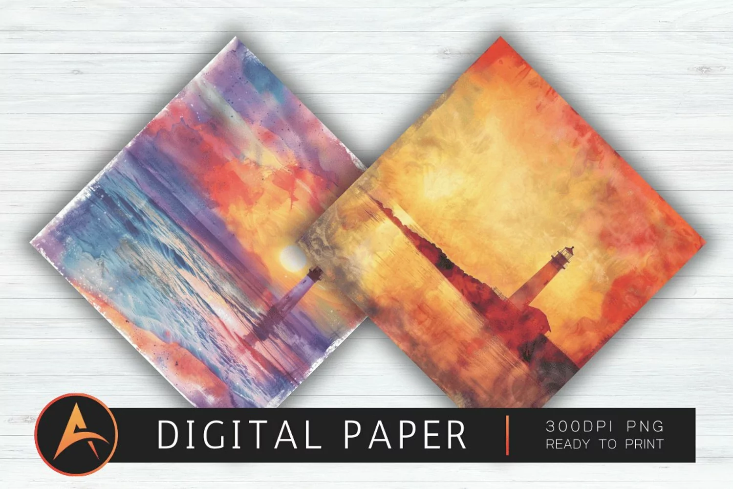 Watercolor Lighthouse Beach Sunset Digital Paper product image 1