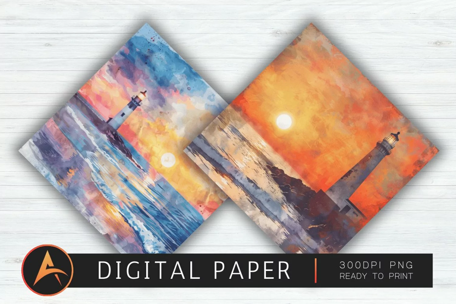 Watercolor Lighthouse Beach Sunset Digital Paper PNG product image 1