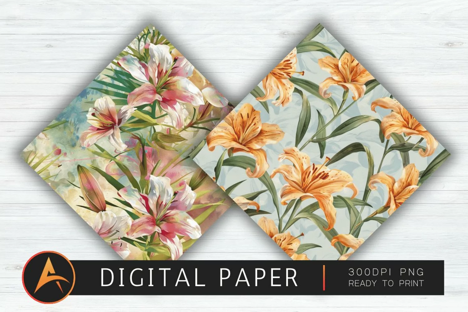 Watercolor Lilies Floral Patterns Scrapbook Paper product image 1