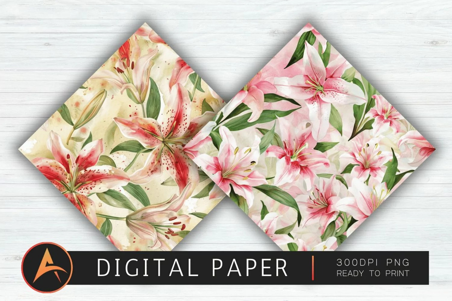 Watercolor Lilies Floral Patterns Digital Paper PNG product image 1