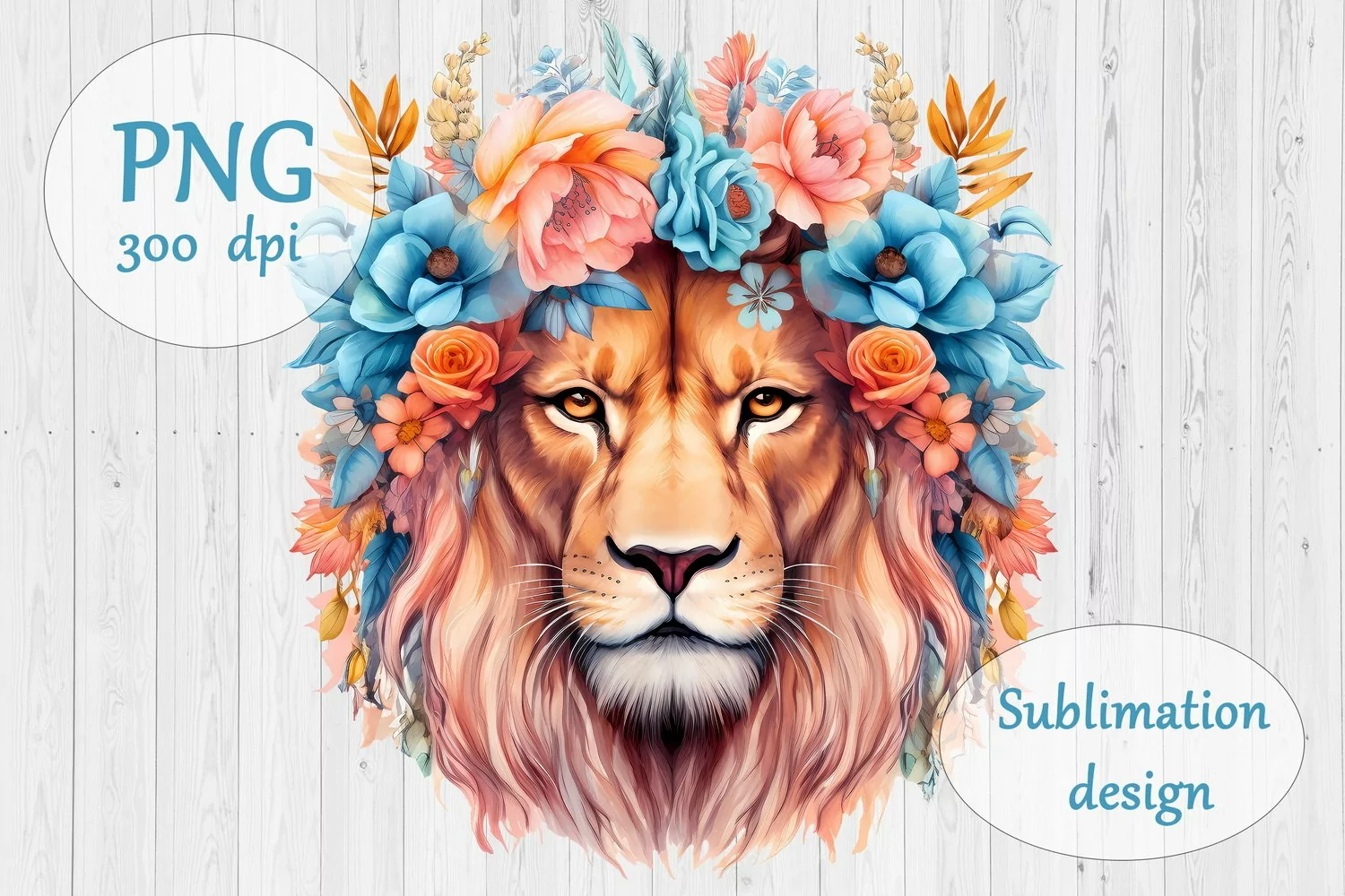 Watercolor Lion in Floral Wreath - Boho Sublimation Design product image 1