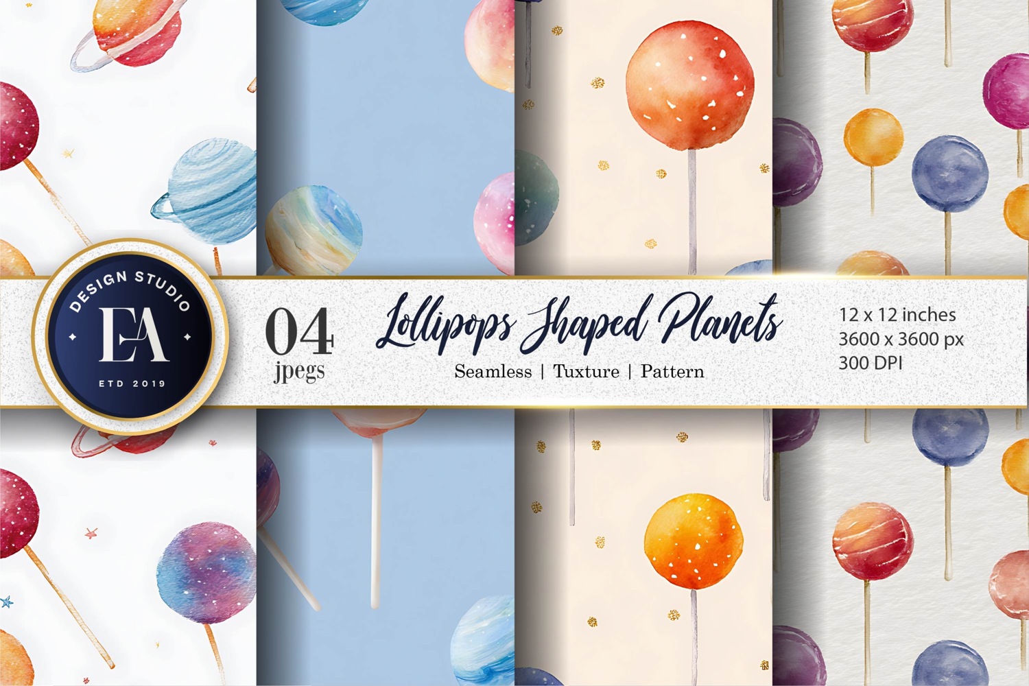 Hand-Painted Lollipop Planet Pattern Digital Paper product image 1