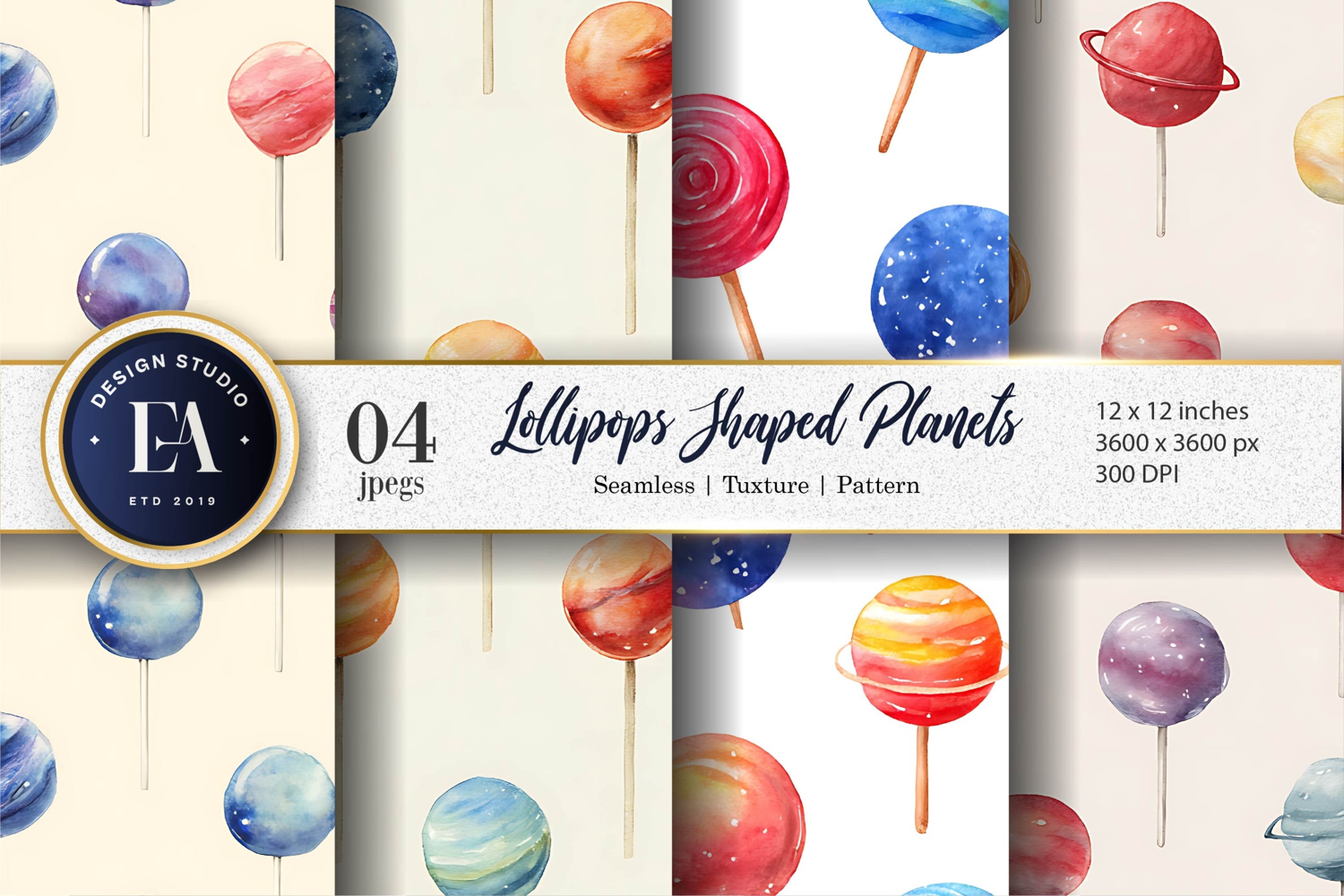 Watercolor Planet Lollipop Art Seamless Digital Paper product image 1