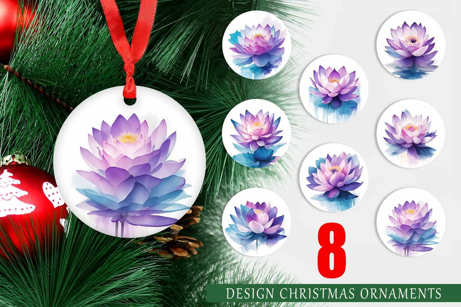 Christmas Ornaments Watercolor Lotus Flower product image 1