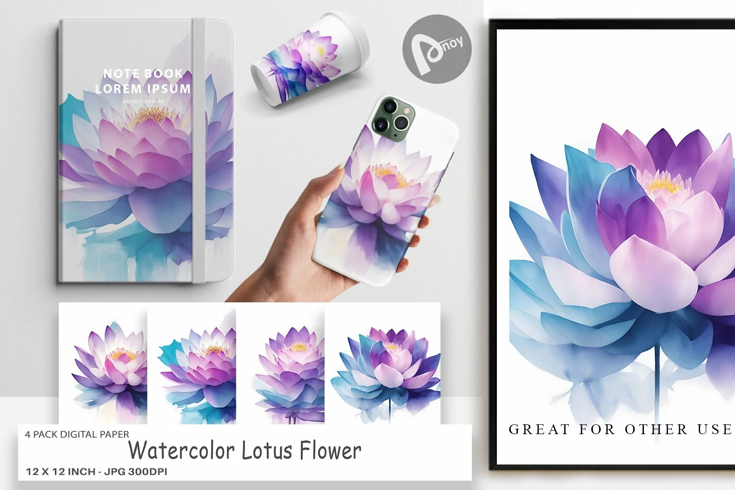 Digital Paper Watercolor Lotus Flower product image 1
