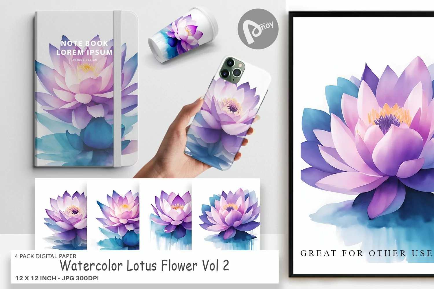 Digital Paper Watercolor Lotus Flower product image 1
