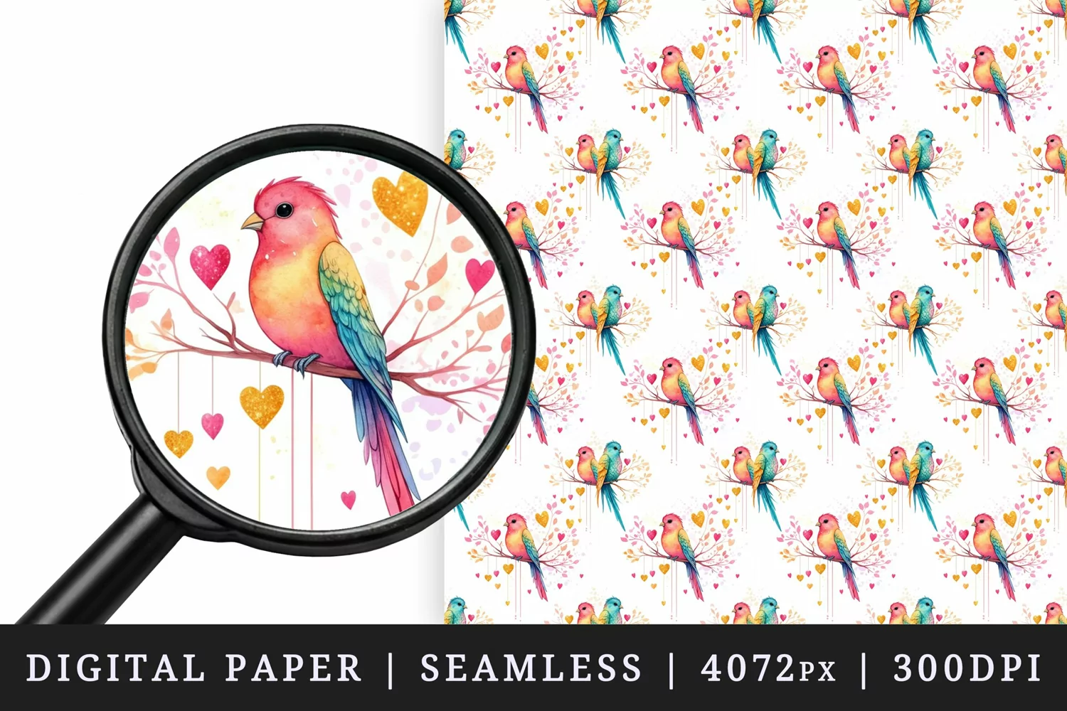 Watercolor lovebirds on branche white background Valentines Day love print textile digital paper seamless pattern printable sublimation design png