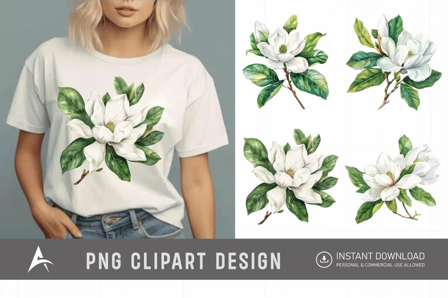 Watercolor Magnolia large white petals green leaves Clipart product image 1