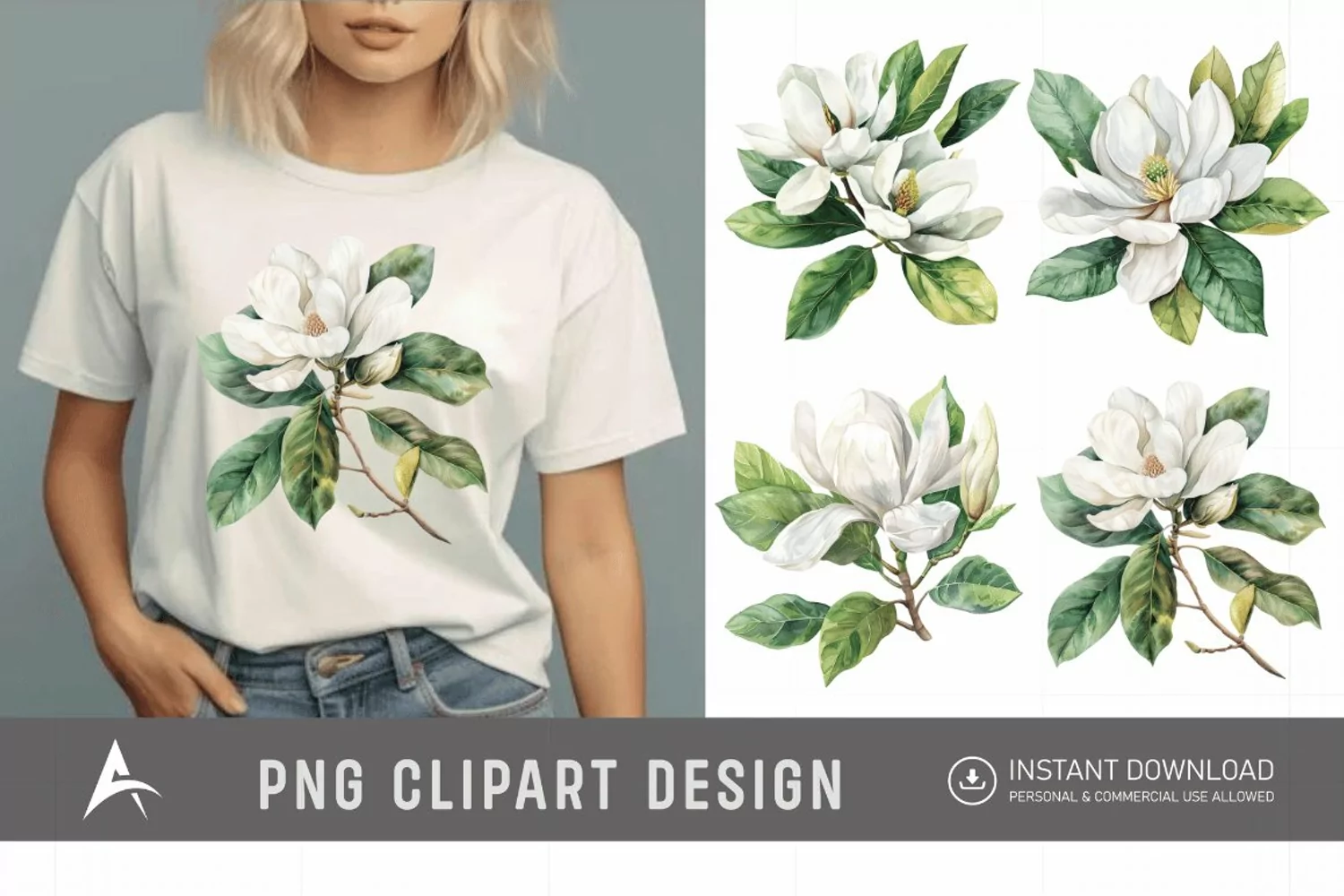 Watercolor Magnolia large white petals green leaves Clipart product image 1