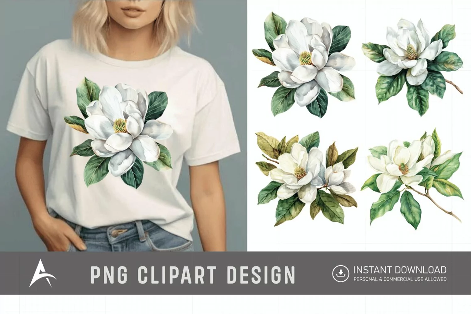 Watercolor Magnolia large white petals green leaves Clipart product image 1