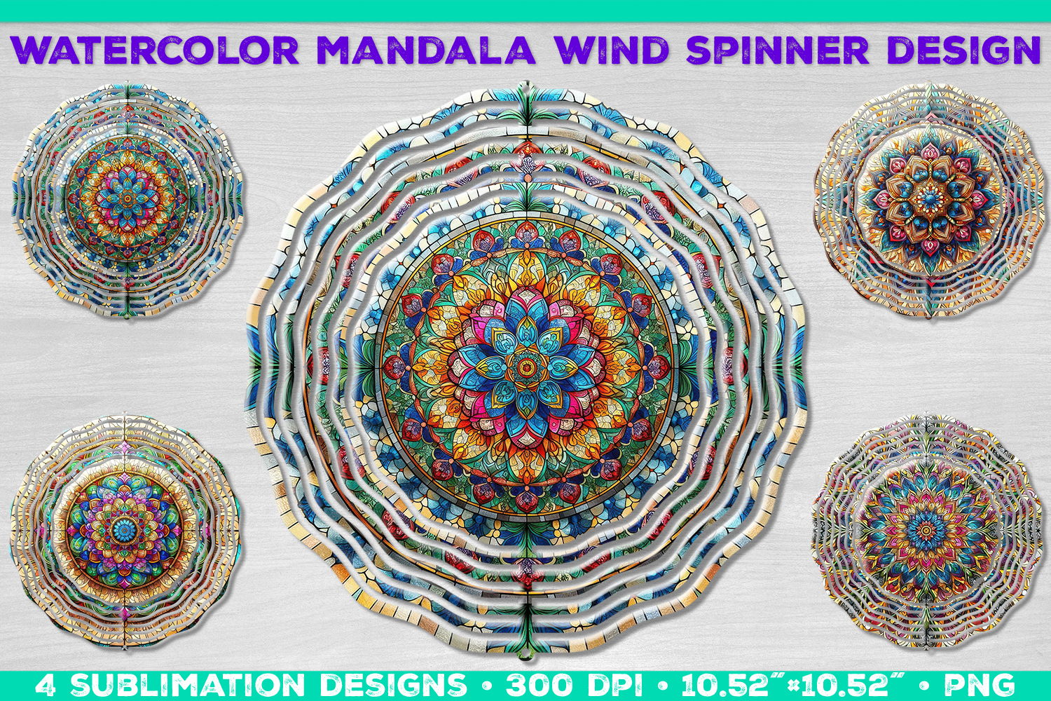 Watercolor Whimsical Mandala Wind Spinner Sublimation Design product image 1