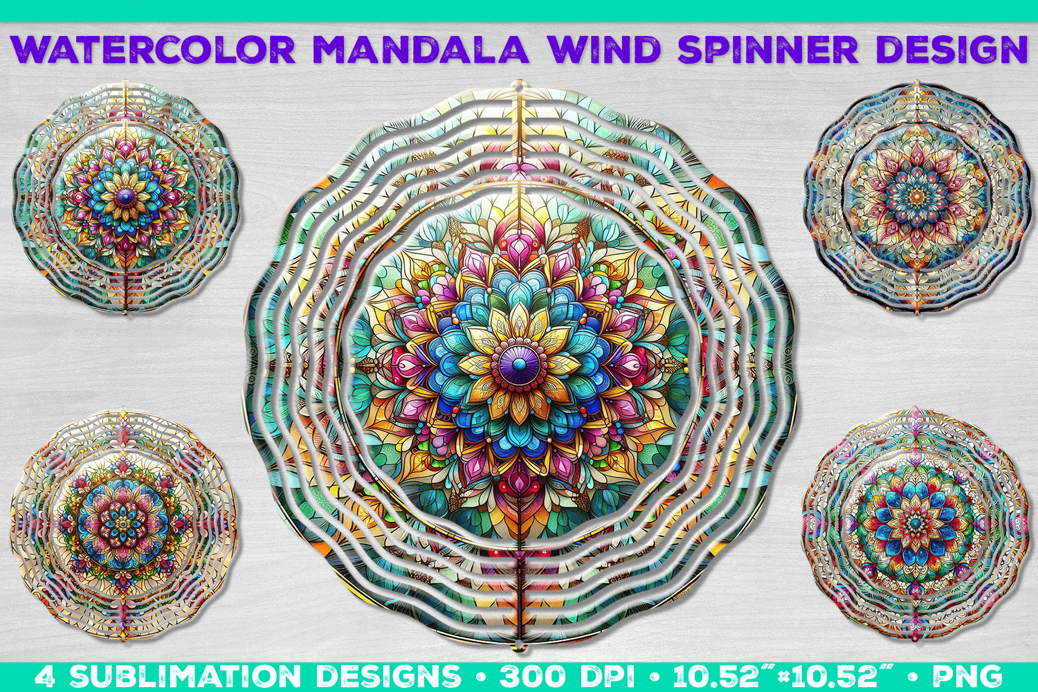 Watercolor Whimsical Mandala Wind Spinner Sublimation Design product image 1