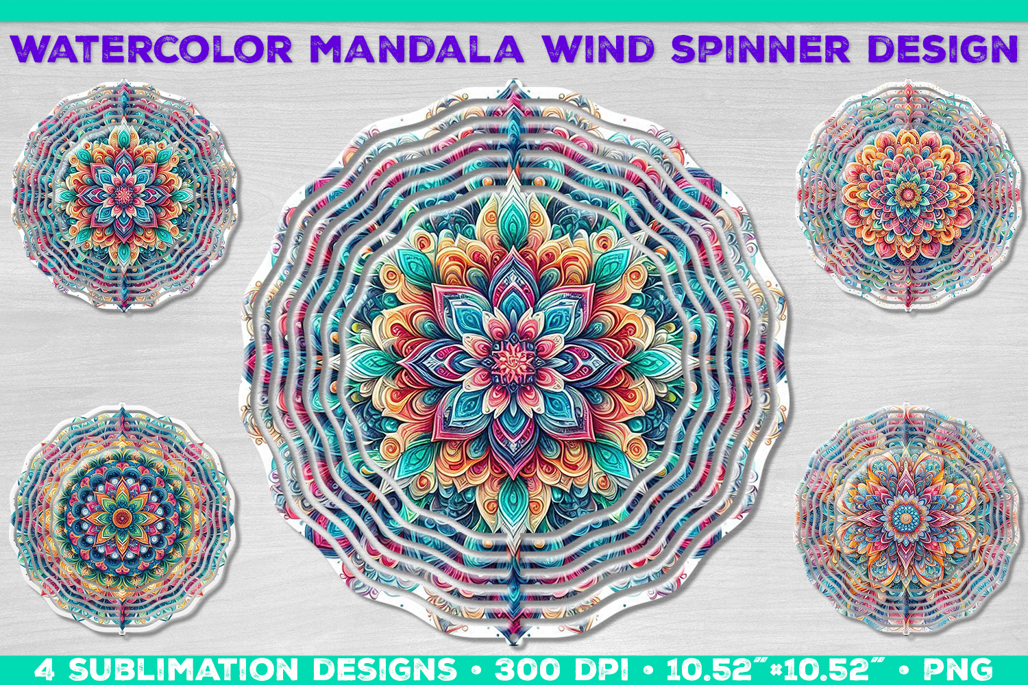 Watercolor Whimsical Mandala Wind Spinner Sublimation Design product image 1