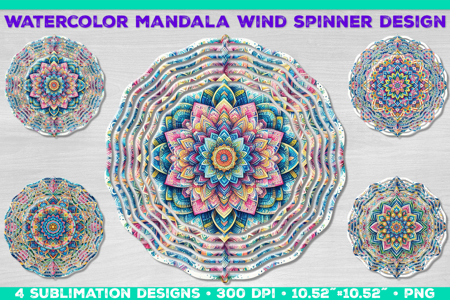 Watercolor Whimsical Mandala Wind Spinner Sublimation Design product image 1