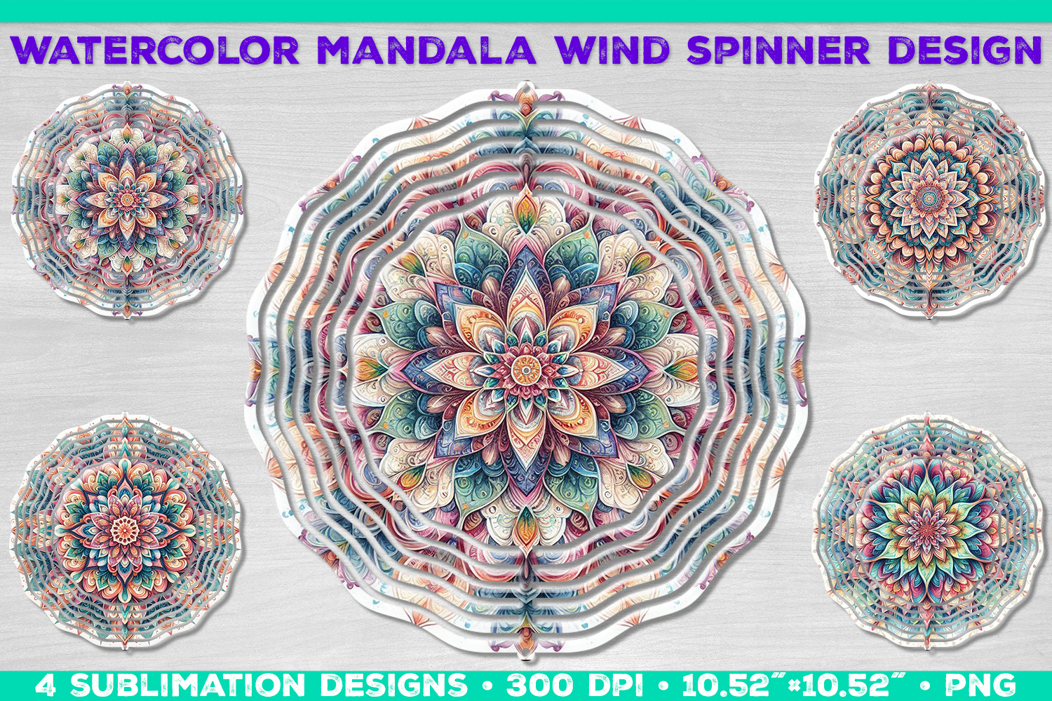 Watercolor Whimsical Mandala Wind Spinner Sublimation Design product image 1