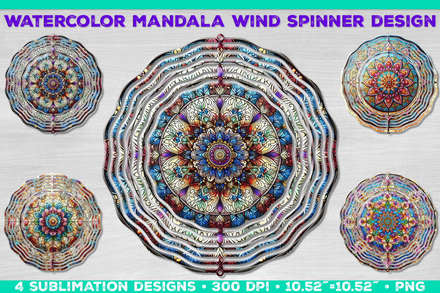 Watercolor Whimsical Mandala Wind Spinner Sublimation Design product image 1